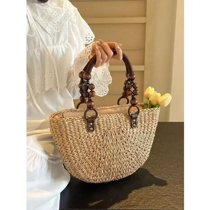 Sac tissé à la main avec poignée en perles de bois, sac fourre-tout grande capacité pour femme, sac de plage pour les vacances