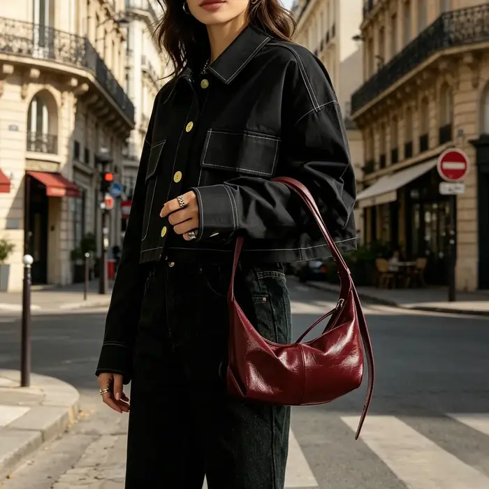 Sac sous le bras en cuir de vachette véritable bordeaux pour femme