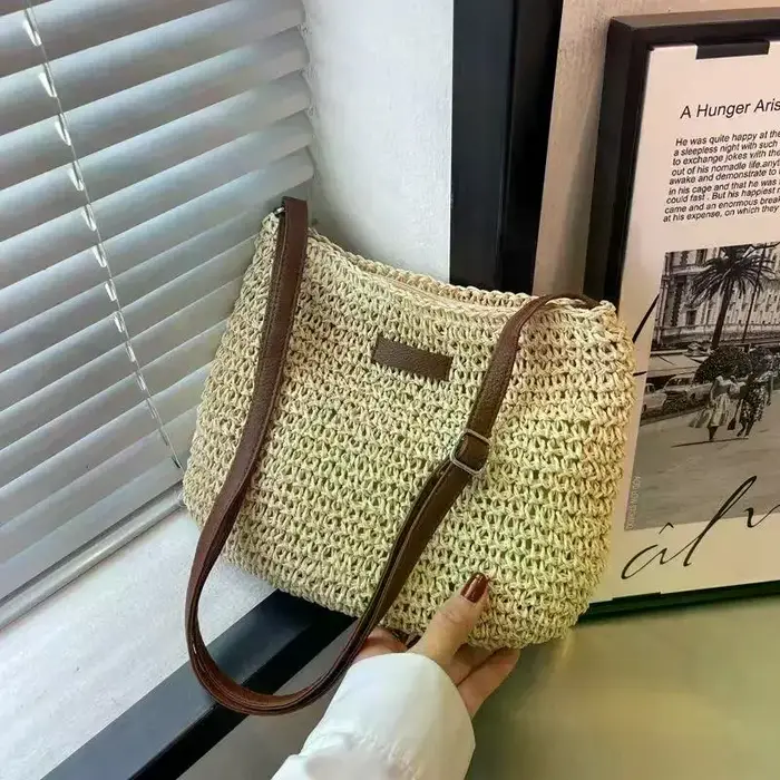 Sac en paille tressé à bandoulière pour femme, sac de plage tendance