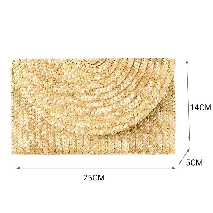 Pochette tissée en paille de blé pour femme, tressée à la main, portefeuille féminin, sac à main enveloppe, été, plage, voyage