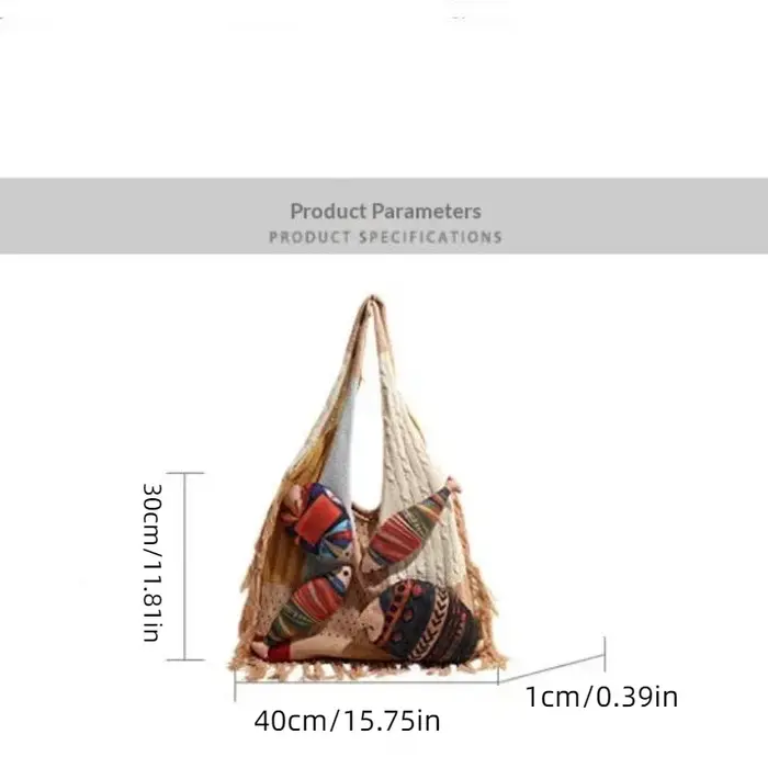 Sac fourre-tout tricoté bohème avec pendentif poisson mignon et motif ethnique