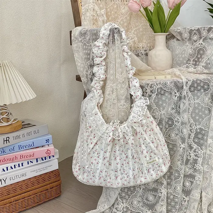 Sac à main élégant en dentelle fraîche, sac sous les bras avec nœud papillon, sac à bandoulière plis