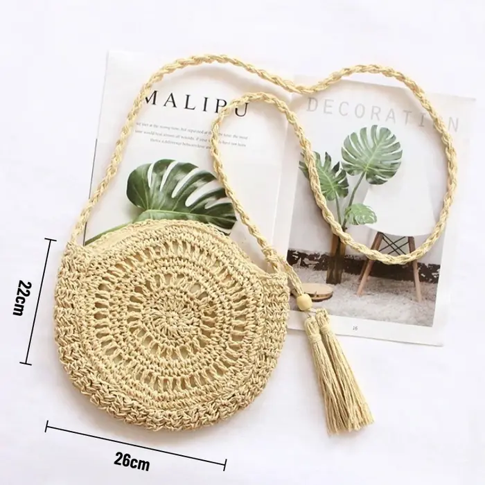 Sac à bandoulière rond en paille tressée pour femme, sac de plage d'été fait main en corde de papier souple avec pompon