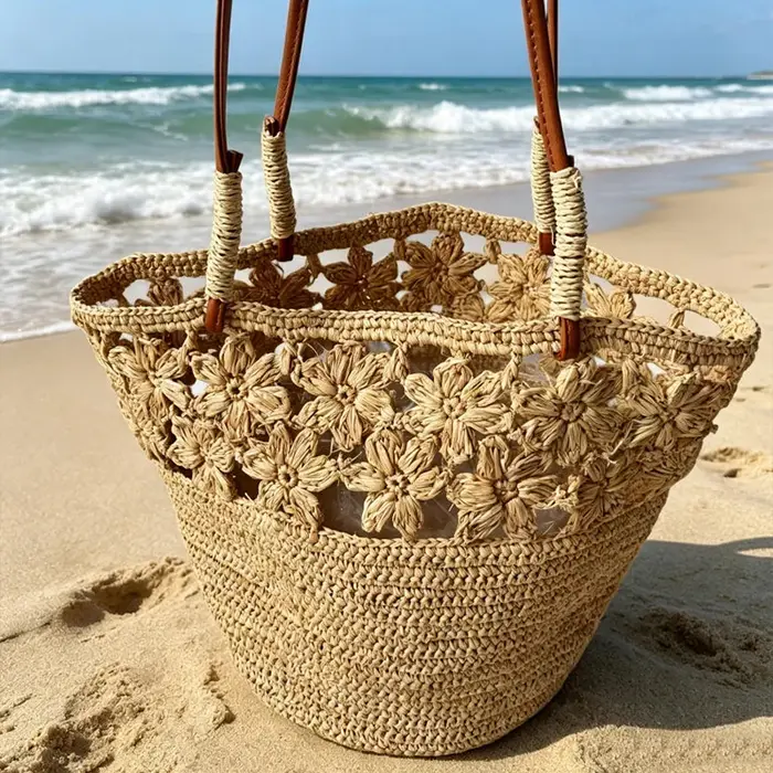 Sac fourre-tout en raphia crocheté à la main