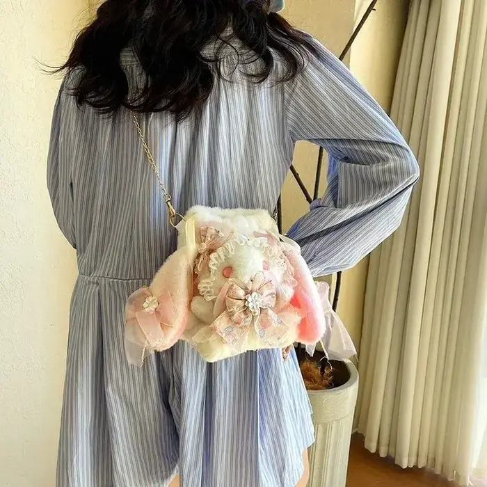Lolita rose lapin dessin animé sac à bandoulière femmes Floral Patchwork nœud en peluche doux sac
