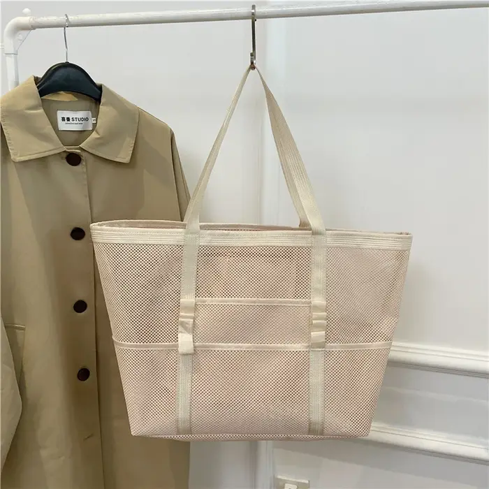 Sac de plage en maille Portable pour femmes, sac de lavage de rangement de voyage de maquillage, sac de bain de natation de voyage d'été, fourre-tout organisateur