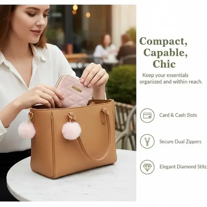 Mini portefeuille matelassé en cuir PU avec double fermeture éclair et pompon moelleux pour les trajets quotidiens