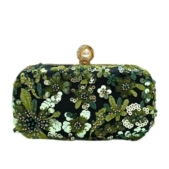 Pochette vert olive pour femme, élégante, brodée de paillettes et de perles, sac de soirée, sac de fête, sac à main vintage à paillettes