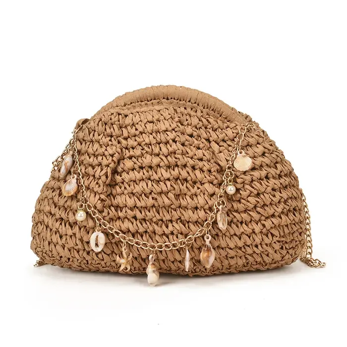 Nouveau Sac Bandoulière Femme en Paille Tressée Faite Main Style Bohème avec Chaîne Coquillage pour Plage et Voyage – Collection Été 2026