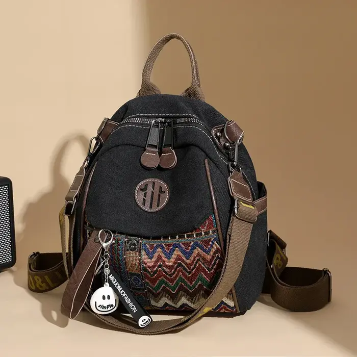 Sac à bandoulière double en denim brodé de style ethnique pour femme