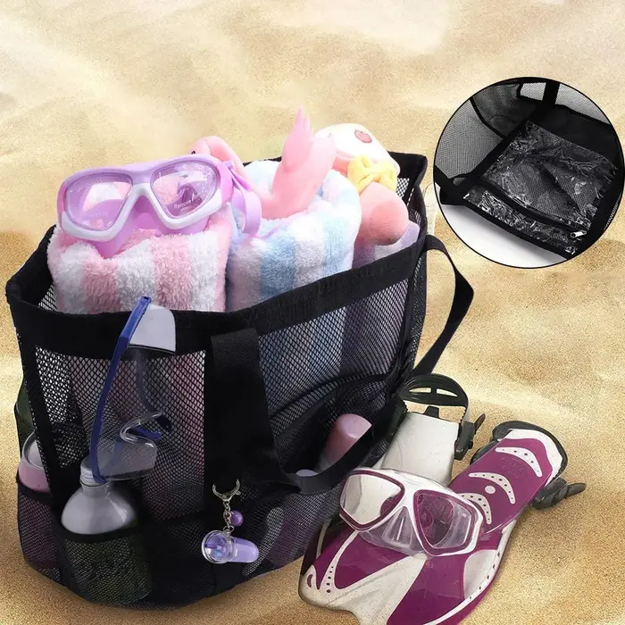 Grand sac de plage, sac à sable en filet haute capacité