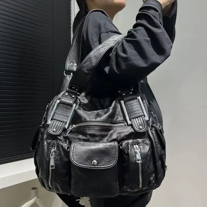 Sac de moto Y2K pour femmes, sac à bandoulière multi-poches à motif de vieille litchi