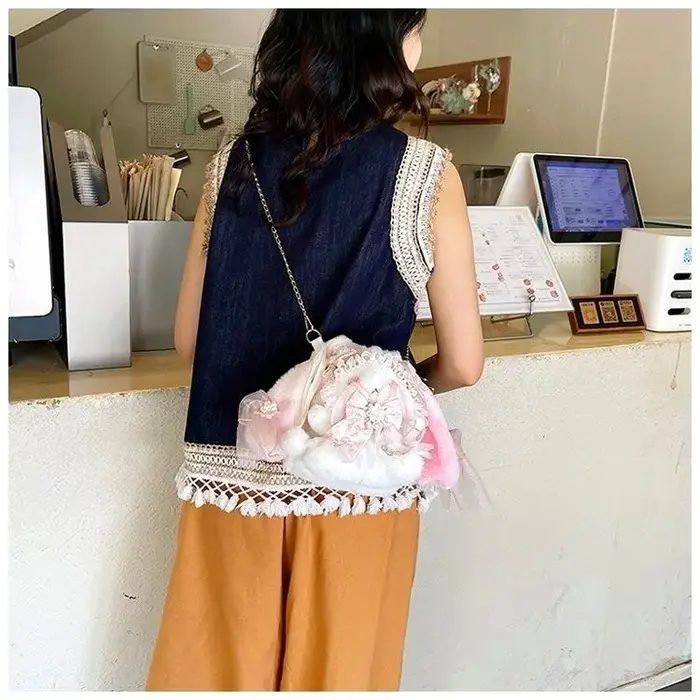 Lolita rose lapin dessin animé sac à bandoulière femmes Floral Patchwork nœud en peluche doux sac