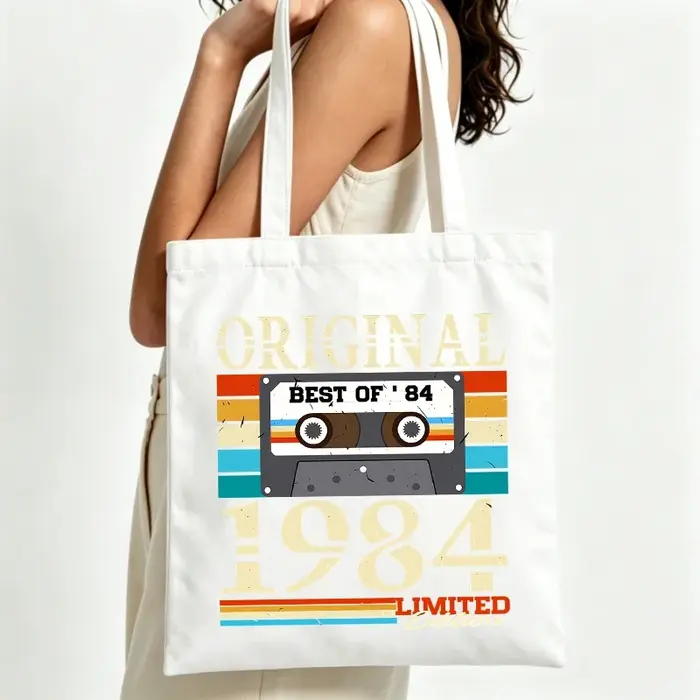 Sac fourre-tout en toile pour femme avec motif cassette rétro et texte vintage