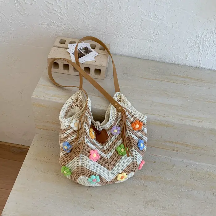 Sac à main vintage au crochet pour femme, multicolore, fleurs 3D, fait main, tissé, sacs fourre-tout
