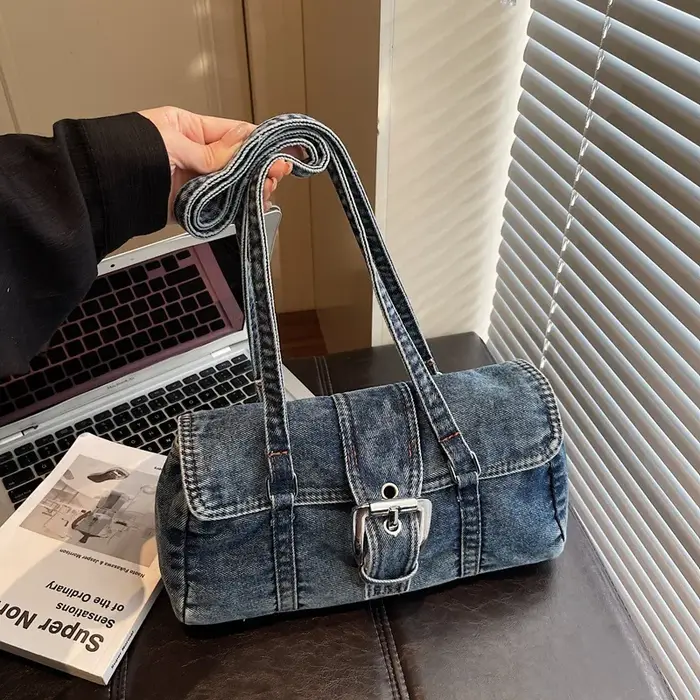 Sac à bandoulière en jean délavé style rétro