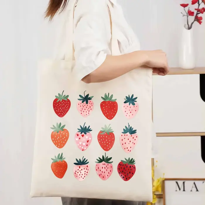 Sac fourre-tout en coton à motifs de fraises crémeuses pour un usage quotidien, un shopping et une p