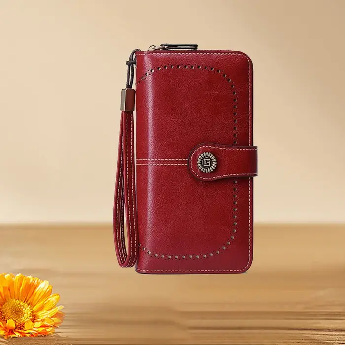 Pochette portefeuille longue en cuir PU perforé Vintage