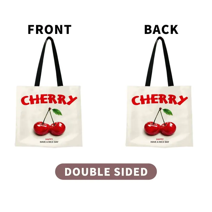 Sac fourre-tout en toile à imprimé cerises – Base crème minimaliste avec inscription « CHERRY » rouge vif et graphique