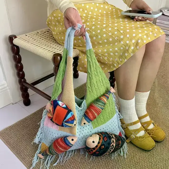 Sac fourre-tout tricoté bohème avec pendentif poisson mignon et motif ethnique
