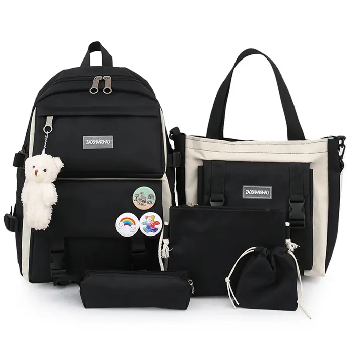 5 pièces Kit sac à dos femme mode dame haute capacité étanche collège à la mode filles sacs d'école