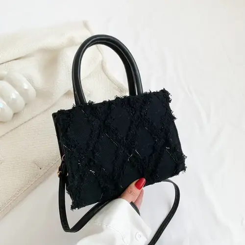 Sacs à main vintage en toile avec pompon pour femmes, design de mode, petit sac à bandoulière carré,