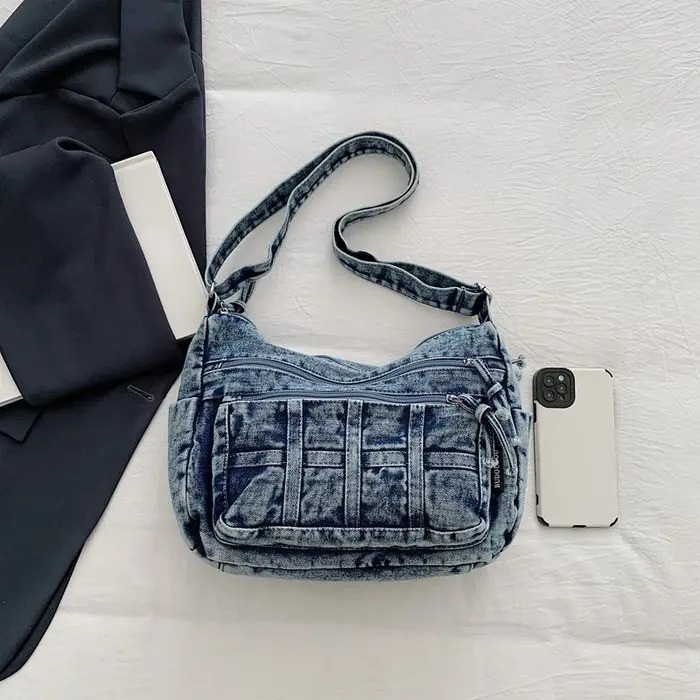 Sac à bandoulière en Denim solide avec fermeture éclair, fil à coudre, grande capacité, haute qualité, polyvalent, simplicité, sacs à bandoulière simples pour femmes, 2026