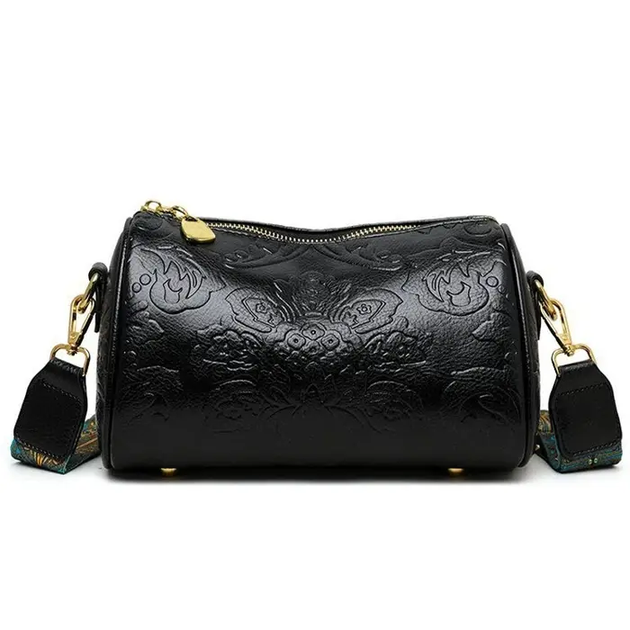 Retro Embossed Flower Leather Shoulder Bag, Classic Cylinder Crossbody Bag For Women  Daily use Part
