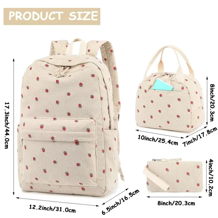 Velours côtelé 3Pecs/ensemble sacs d'école pour adolescents collège style sac à dos femme filles couleur unie femmes