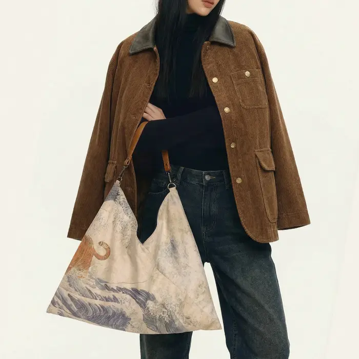Sac à bandoulière vintage Ukiyo-e pour femme Maden avec sangle en cuir véritable
