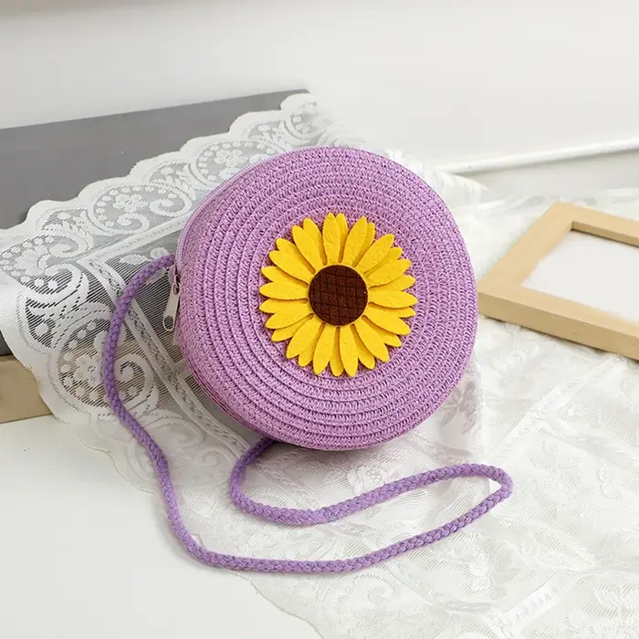 Sac à bandoulière rond en rotin pour femmes, décor tournesol d'été, sac de plage tissé pour dames, s