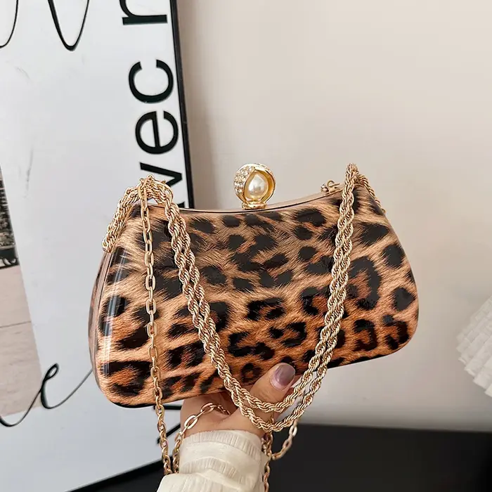 Pochette à chaîne mode soirée sac à main téléphone sac dame marron léopard impression sac