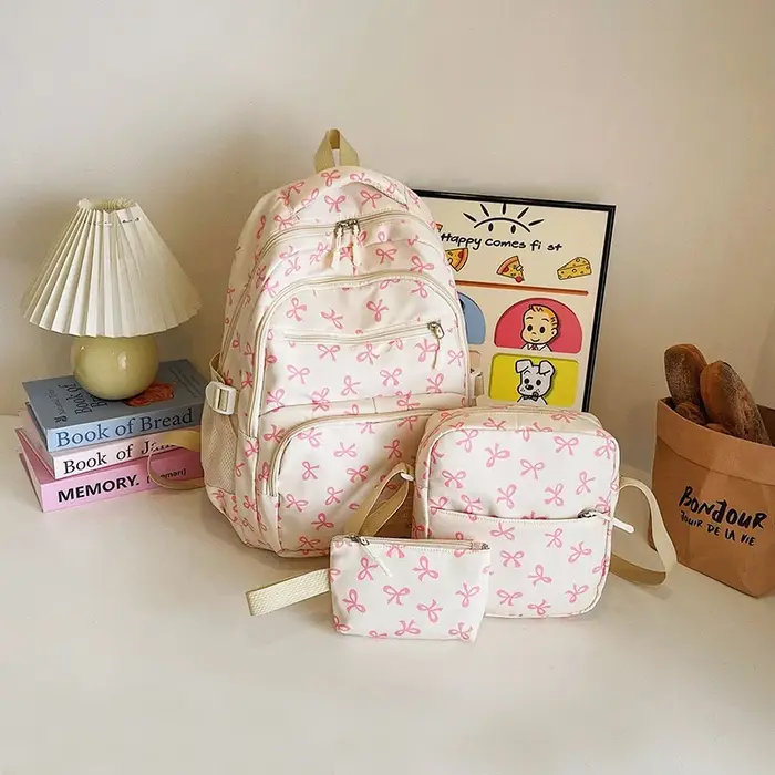 3 pièces/ensemble mignon fille grande capacité sac à dos nœud imprimé Nylon cartable sangle réglable