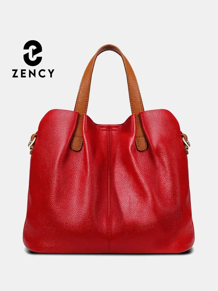 Zency Sac fourre-tout en cuir véritable femmes grand Composite froncé rouge Sac à main couche supérieure en peau de