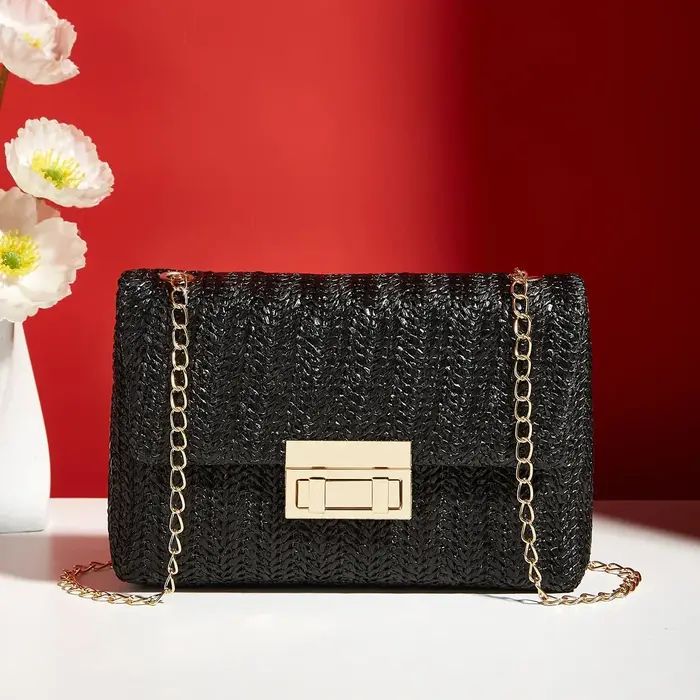 Sac à main en paille rayé multicolore pour femmes, pochette décontractée en cuir PU tissé, sac à mai