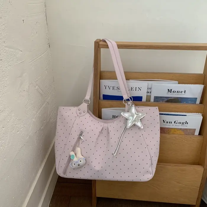 Sac fourre-tout tendance pour femme, motif pois, avec pendentif mignon, sac à bandoulière en cuir PU