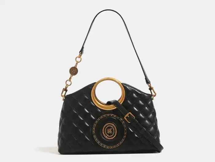 Sac à main matelassé noir Vintage pour femmes, sac à bandoulière à décor circulaire en métal doré, s