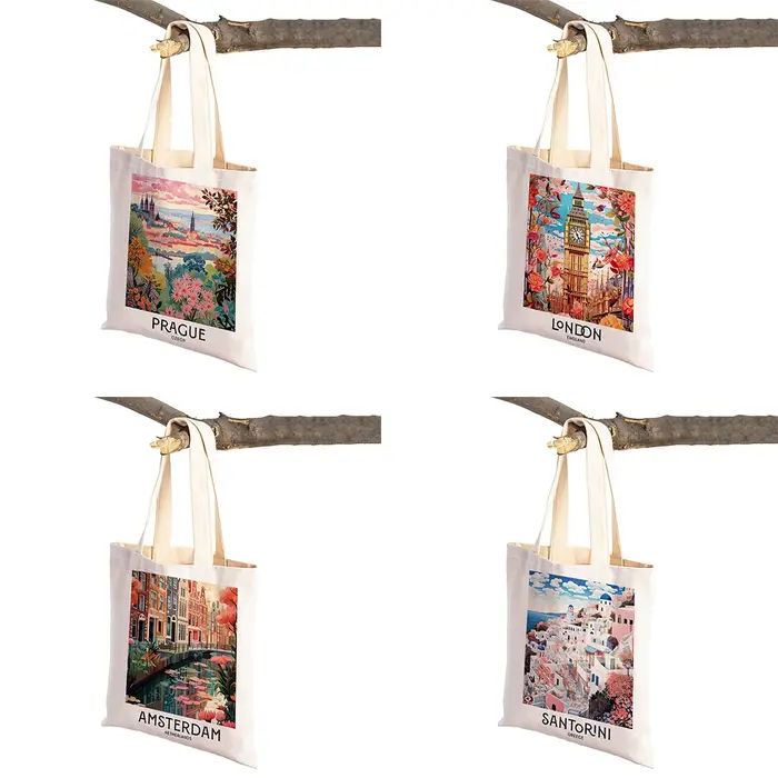 Sac de shopping Vintage paysage citron Prague Londres Santorin femmes sacs à provisions Double impression