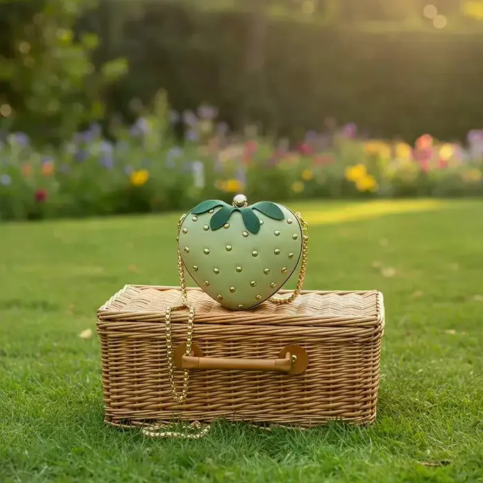 Sac bandoulière rouge en cuir motif fraise avec clous dorés et chaîne