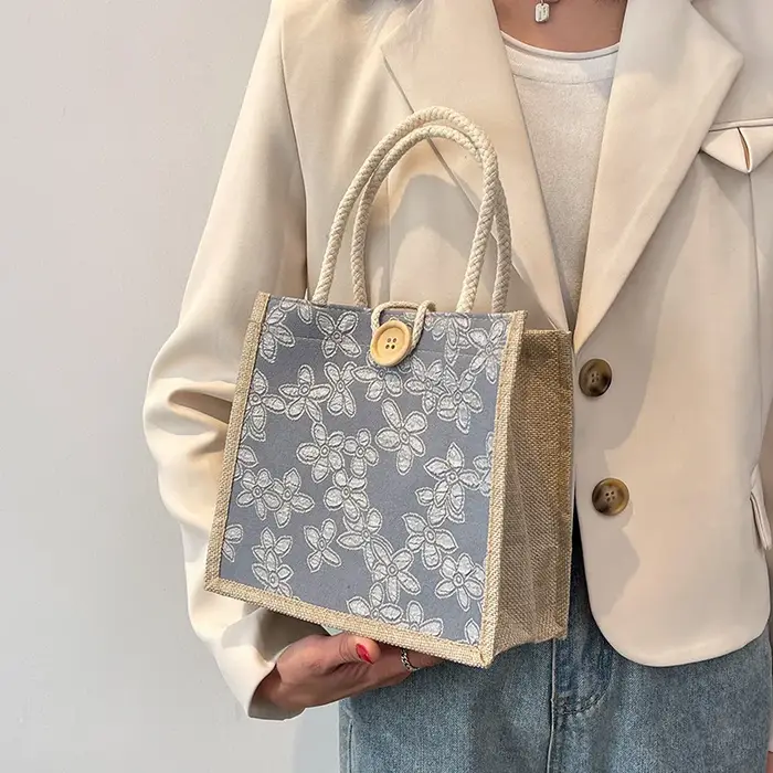 Sac à main en lin portable pour femme, sac fourre-tout à boutons, grande capacité, sac à main portab