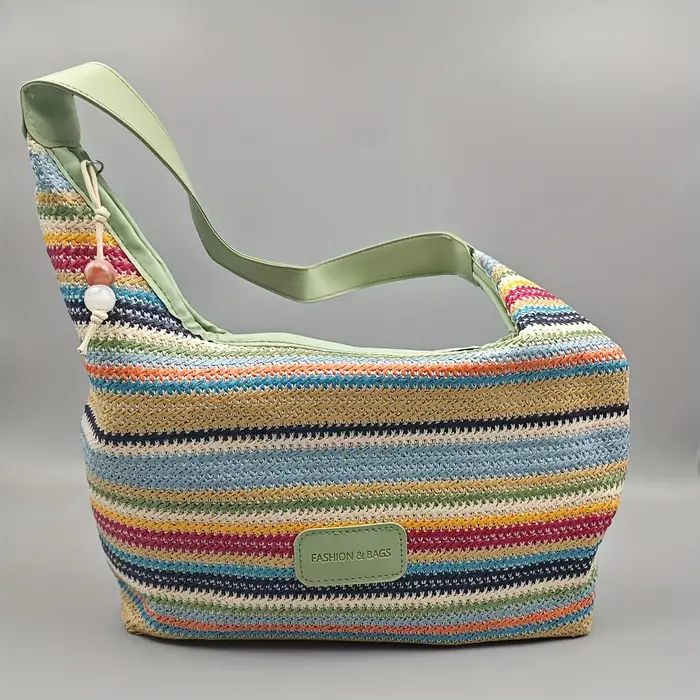 Sac à main bohème multicolore à rayures avec décoration en pompon