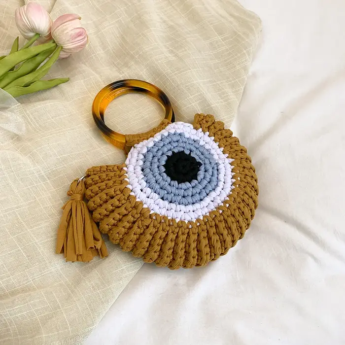 Poignée d'anneau jour pochette mode florale Crochet tricoté sac à la mode à la main sac rond Vintage