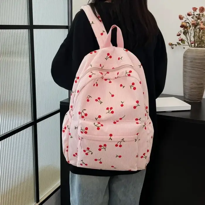 Sac à dos en velours côtelé motif cerise pour femmes