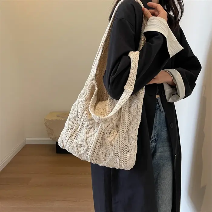 Sac de Shopping à bandoulière tricoté en laine pour femmes
