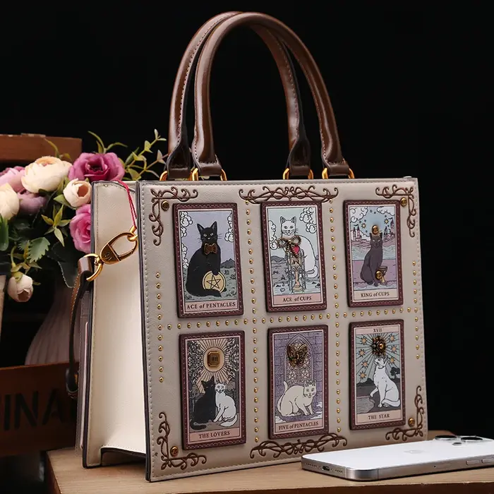 Sac de créateur vintage et de luxe avec broderie délicate impression de chat sac fourre-tout populaire et à la mode