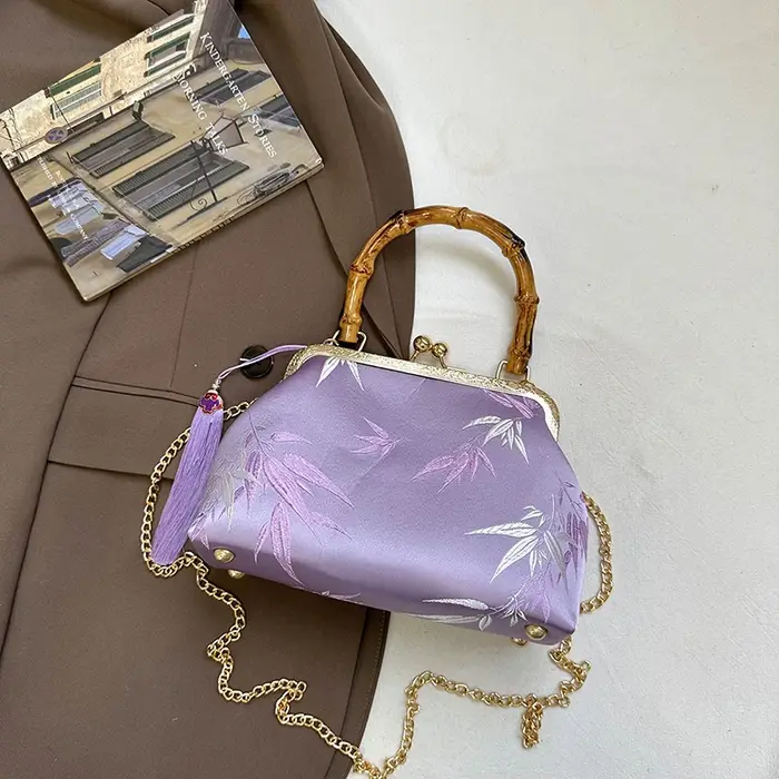 Vintage bambou poignée fourre-tout Style ethnique jour pochette violet Jacquard broderie sac à main élégant dame