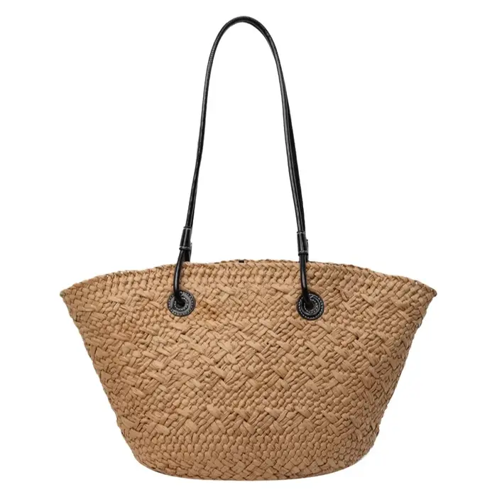 Sac fourre-tout en paille tressée grande capacité Printemps 2026 – Sac à bandoulière de plage tendance style transfrontalier en tissu jute et polyester