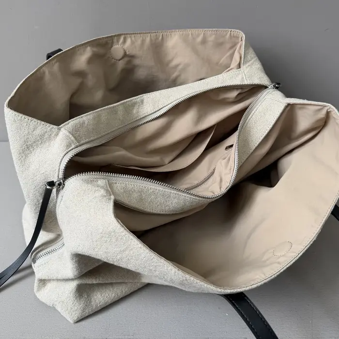 Toile de lin épissée Sac fourre-tout surdimensionné en cuir de vachette de première qualité