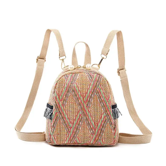 Mini sac à dos en paille tressée respirant pour femme