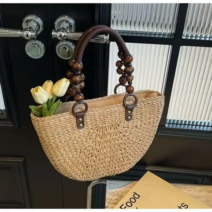 Sac tissé à la main avec poignée en perles de bois, sac fourre-tout grande capacité pour femme, sac de plage pour les vacances